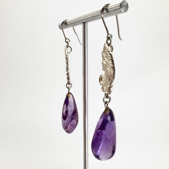 Sterling Silver 925 Amethyst Nugget Victorian Lady Dangle Earrings 3" Length - Picture 4 of 15